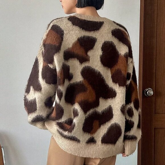 Coffee Brown Casual Women's Leopard Print Drop Shoulder Sweater - Picture 3 of 6